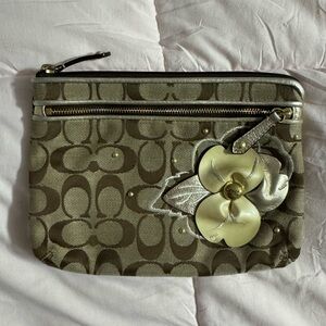 Coach Floral Accent Wristlet in Tan and Gold